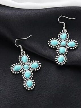 NEW Handmade Turquoise Cross Earrings  Bohemian Boho Silver Statement Set